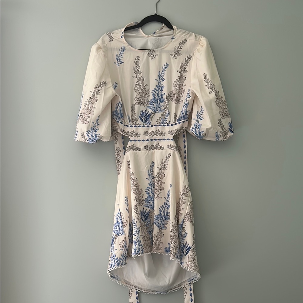 Puff Sleeve Cream and Blue Floral Dress